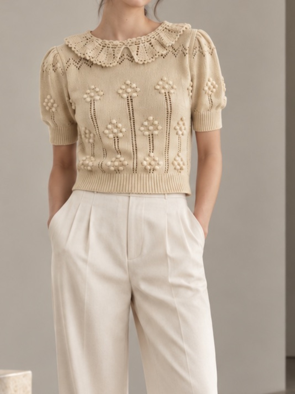 Zara Cream Crochet-Collar Knit Top Size S